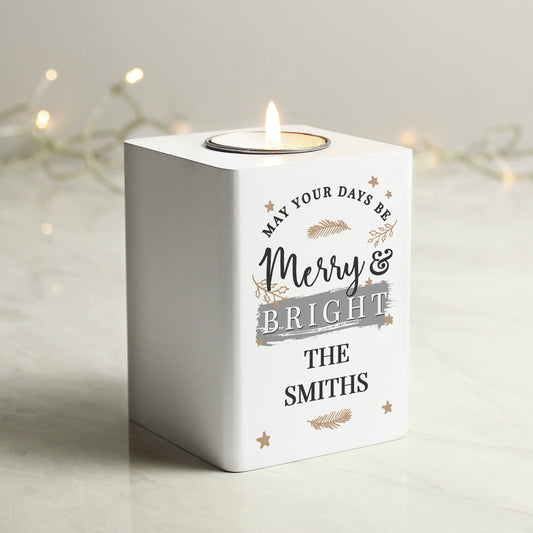 Personalised Merry & Bright White Wooden Tea light Holder from Heartfelt Gifts