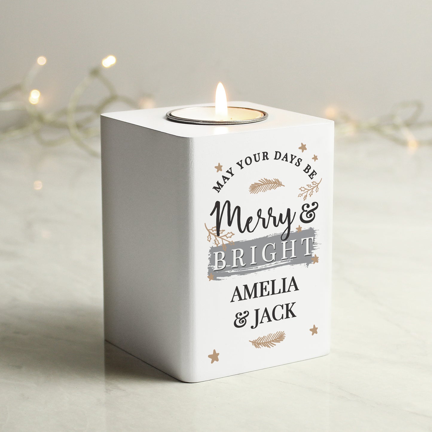 Personalised Merry & Bright White Wooden Tea light Holder - image 2