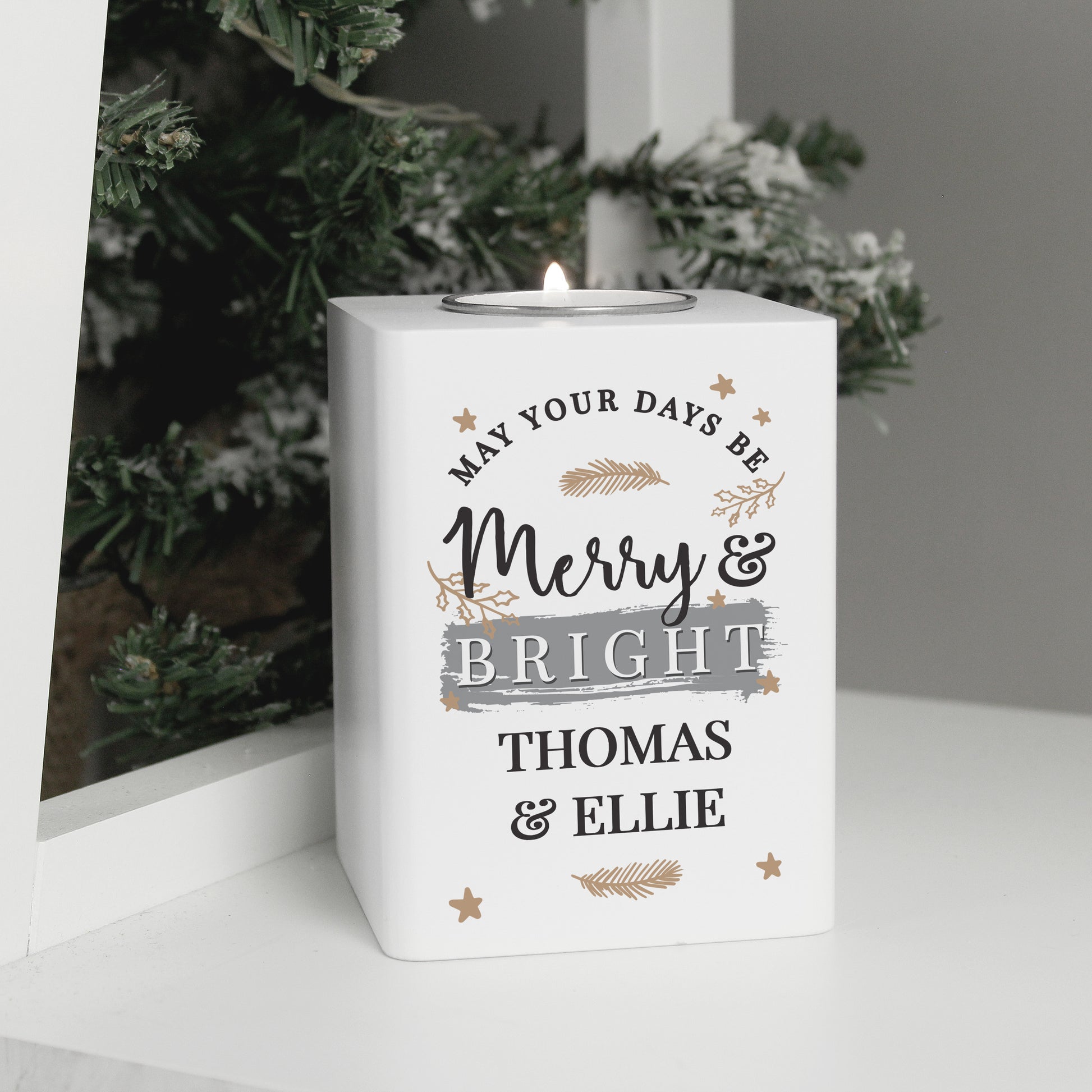 Personalised Merry & Bright White Wooden Tea light Holder - image 3