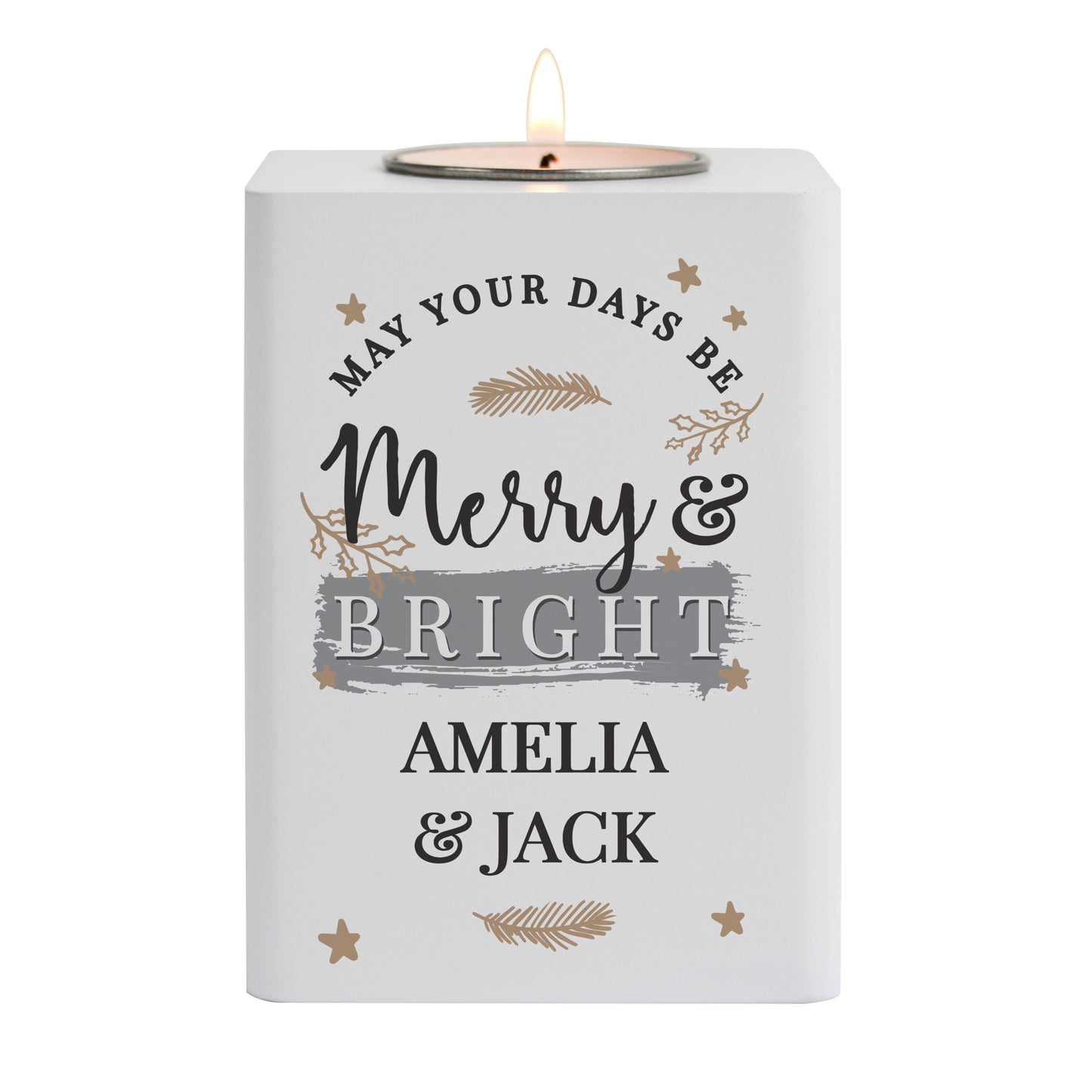 Personalised Merry & Bright White Wooden Tea light Holder - image 4