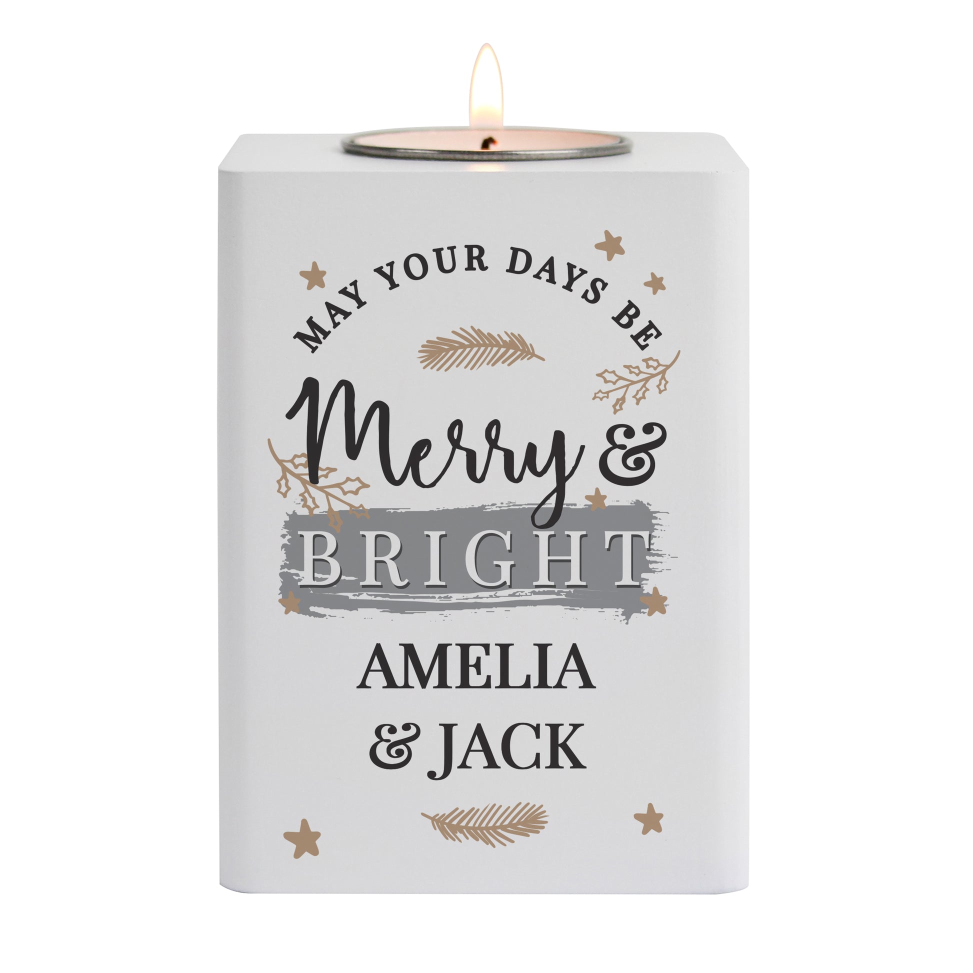 Personalised Merry & Bright White Wooden Tea light Holder - image 4