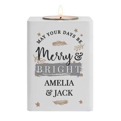 Personalised Merry & Bright White Wooden Tea light Holder - image 4