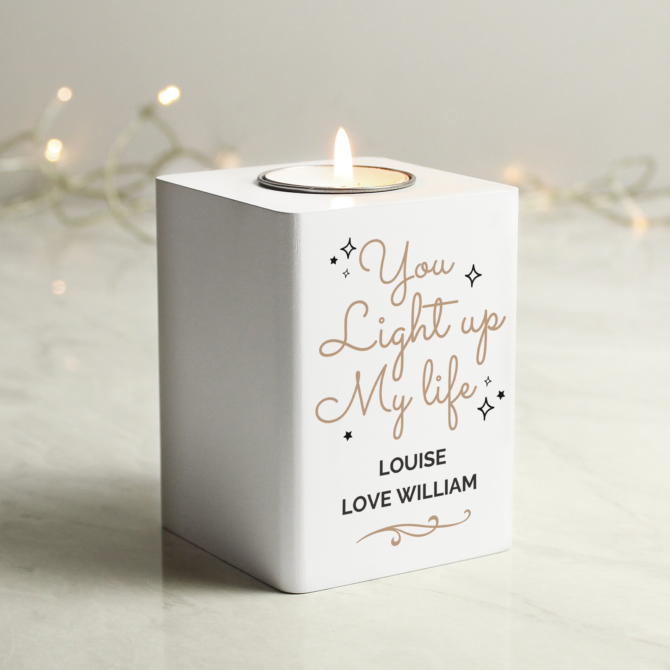 Personalised Light Up My Life White Wooden Tea light Holder from Heartfelt Gifts