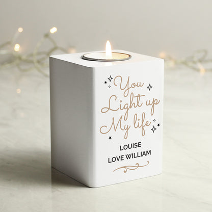 Personalised Light Up My Life White Wooden Tea light Holder from Heartfelt Gifts