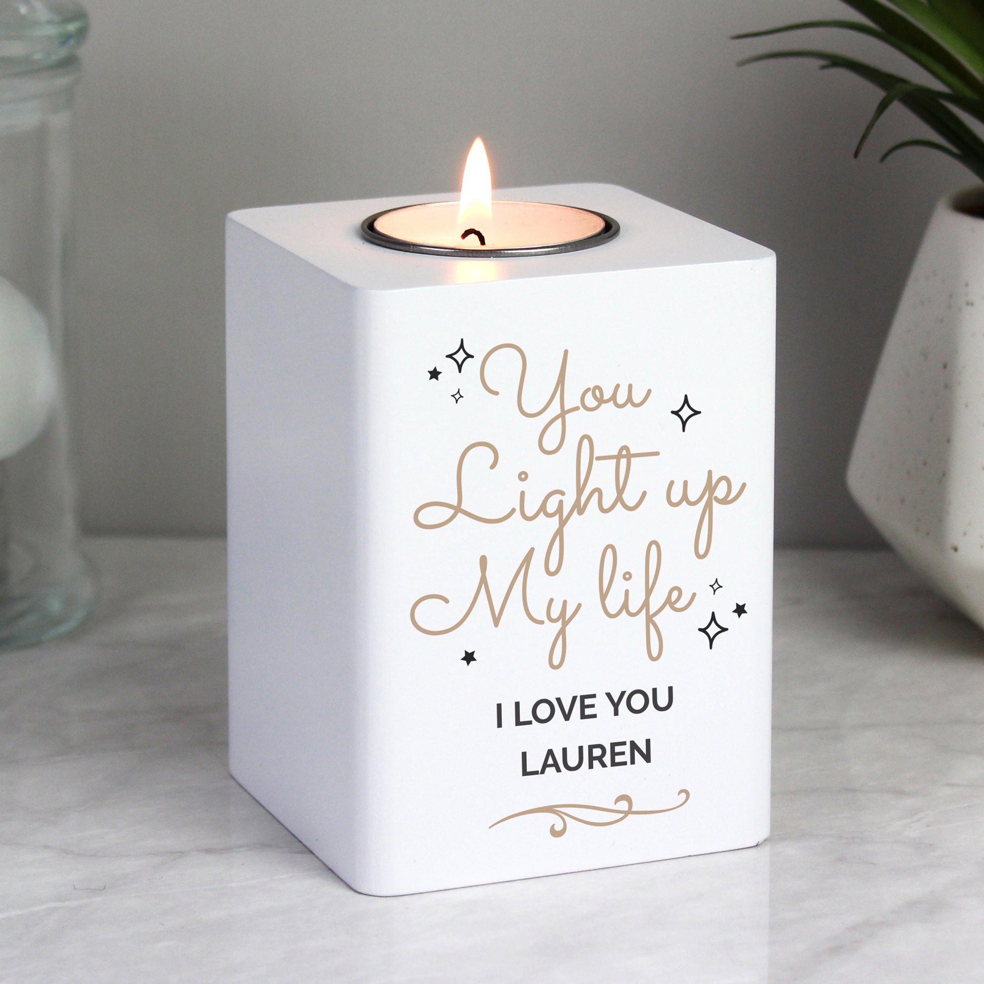 Personalised Light Up My Life White Wooden Tea light Holder - image 2