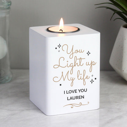 Personalised Light Up My Life White Wooden Tea light Holder - image 2
