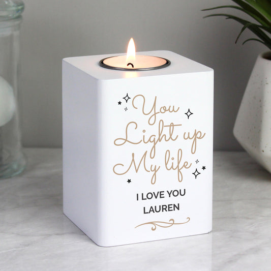 Personalised Light Up My Life White Wooden Tea light Holder - image 2