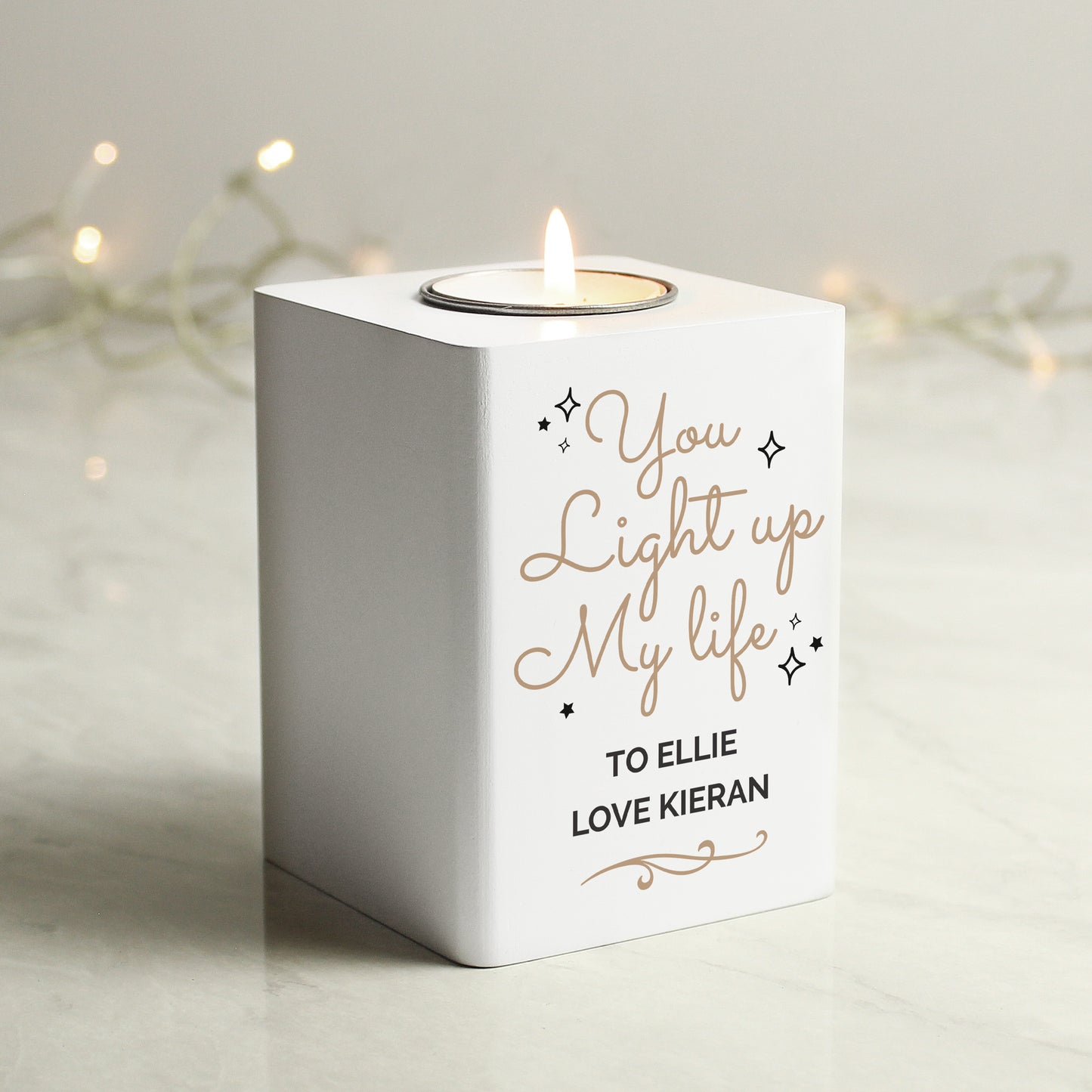 Personalised Light Up My Life White Wooden Tea light Holder - image 3