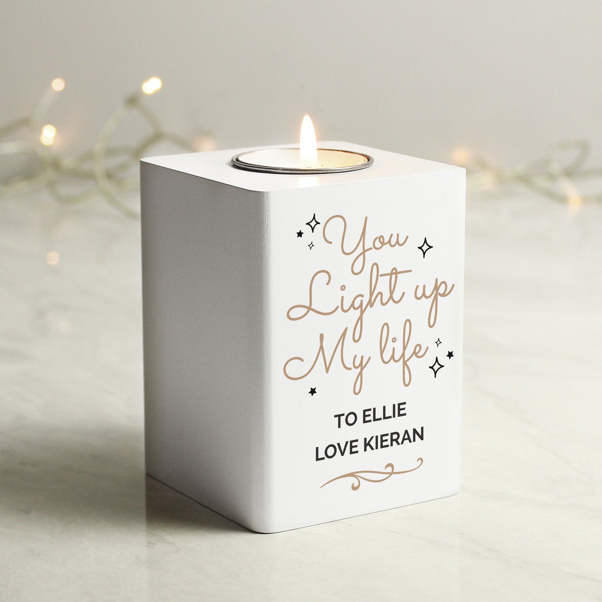 Personalised Light Up My Life White Wooden Tea light Holder - image 3
