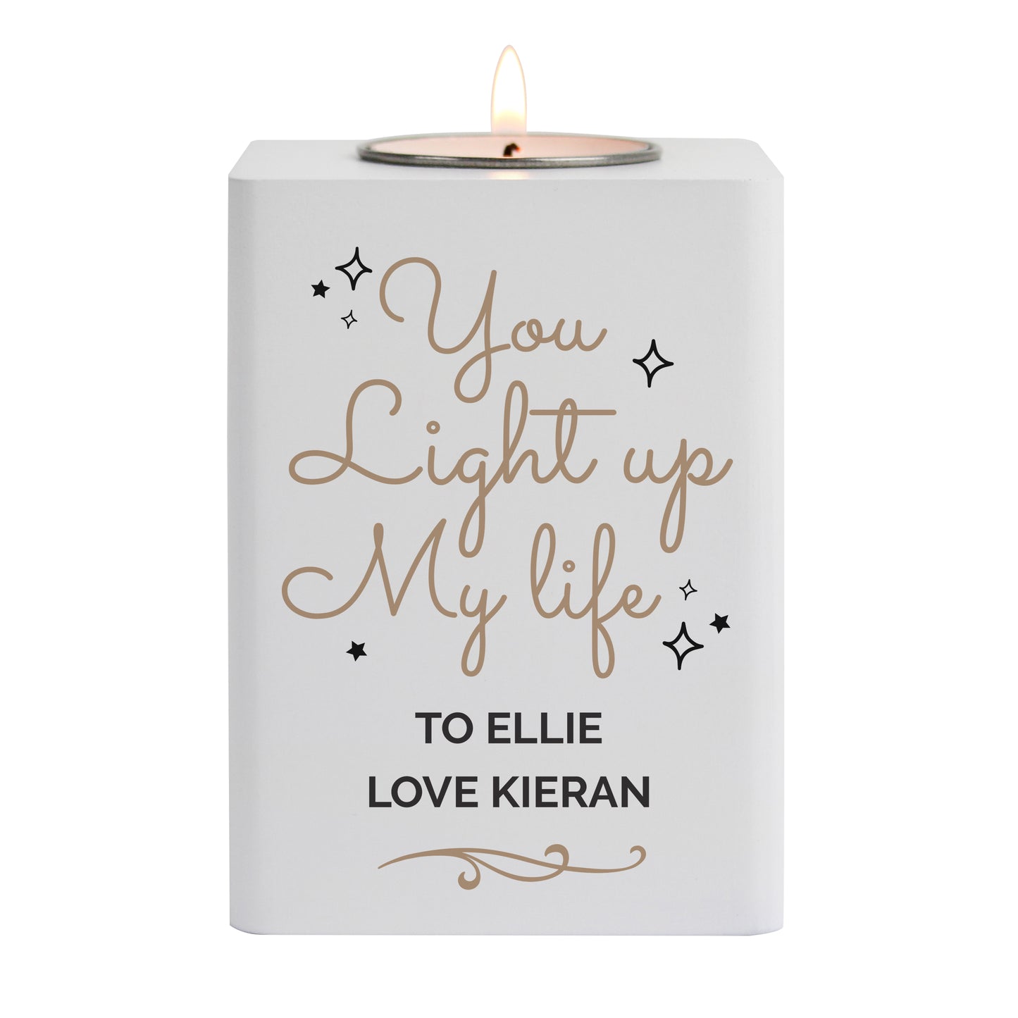 Personalised Light Up My Life White Wooden Tea light Holder - image 4