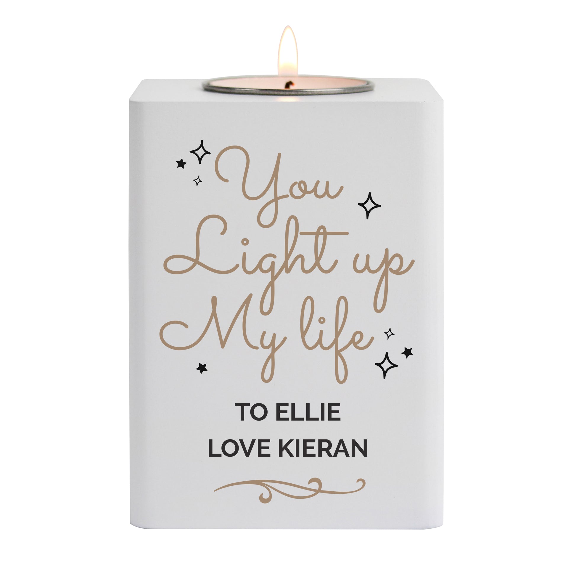 Personalised Light Up My Life White Wooden Tea light Holder - image 4