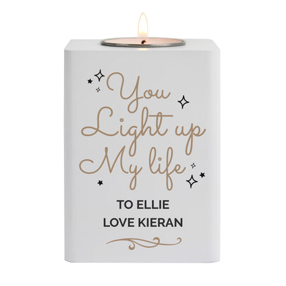 Personalised Light Up My Life White Wooden Tea light Holder - image 4