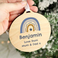 Personalised Blue Rainbow Round Wooden Decoration from Heartfelt Gifts