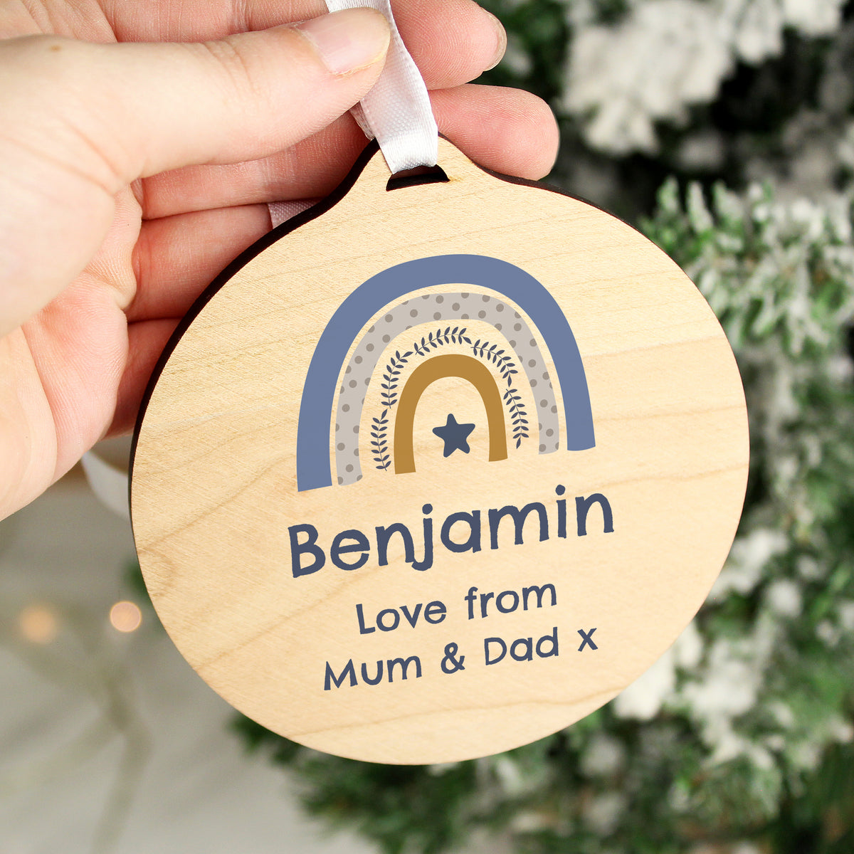 Personalised Blue Rainbow Round Wooden Decoration from Heartfelt Gifts