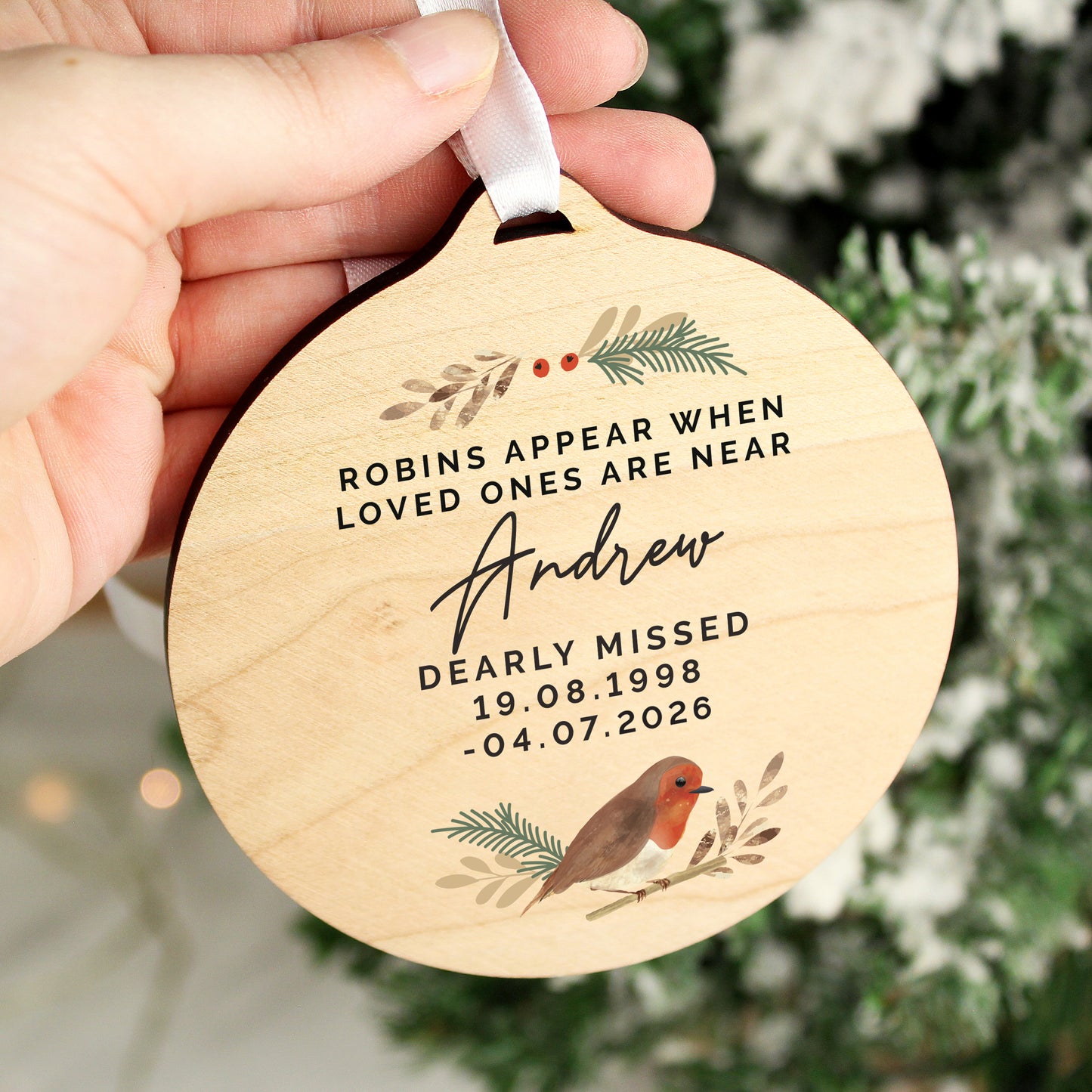 Personalised Robin Memorial Round Wooden Decoration from Heartfelt Gifts