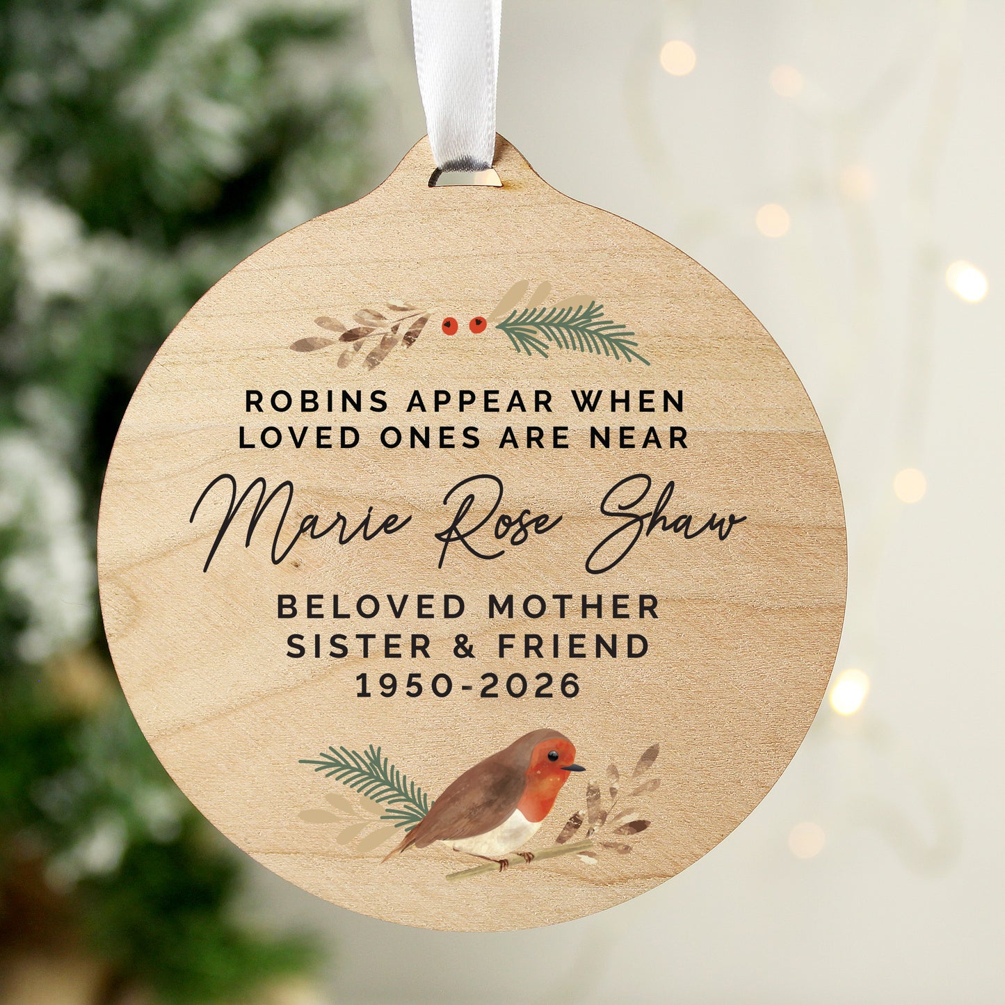 Personalised Robin Memorial Round Wooden Decoration - image 3