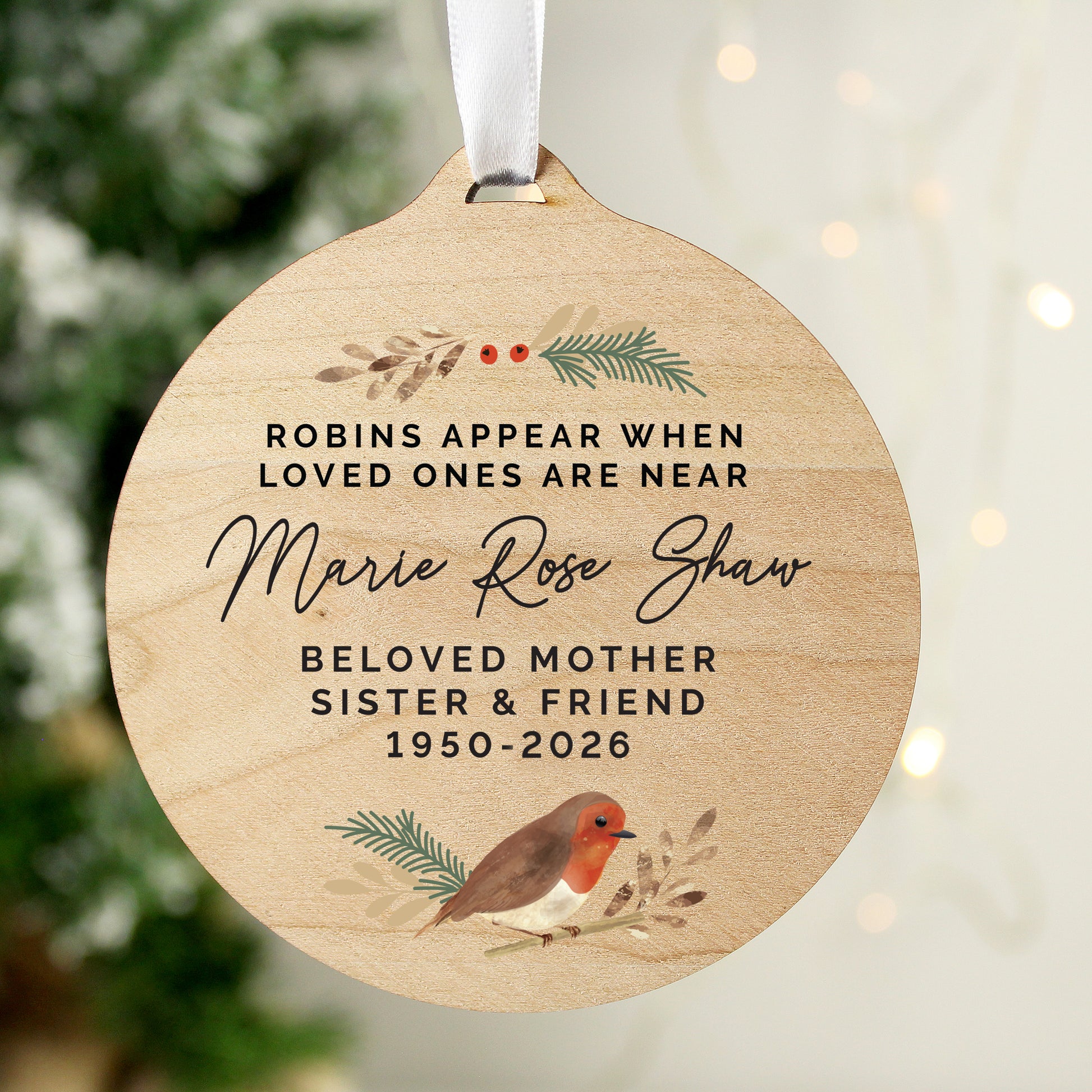 Personalised Robin Memorial Round Wooden Decoration - image 3