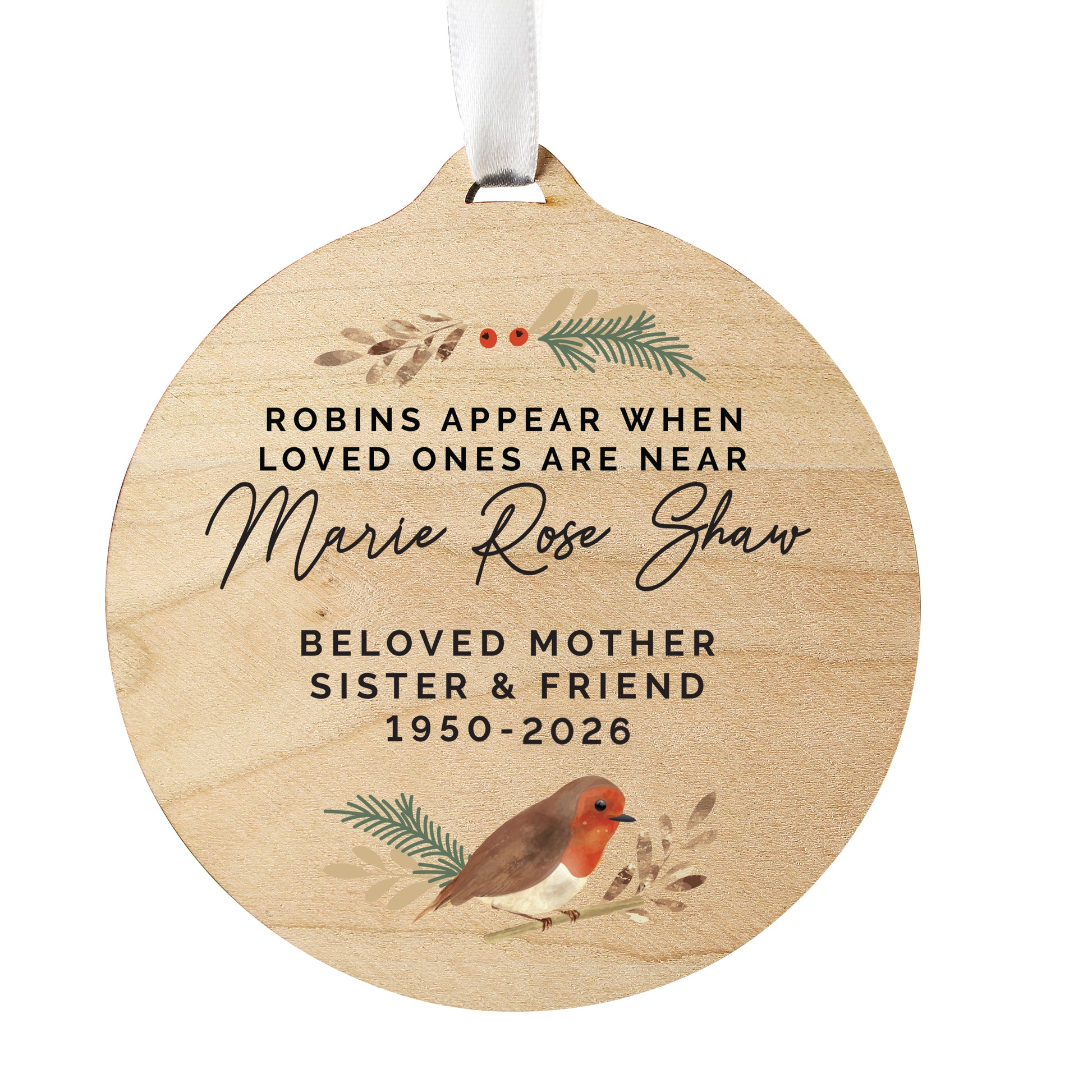 Personalised Robin Memorial Round Wooden Decoration - image 4