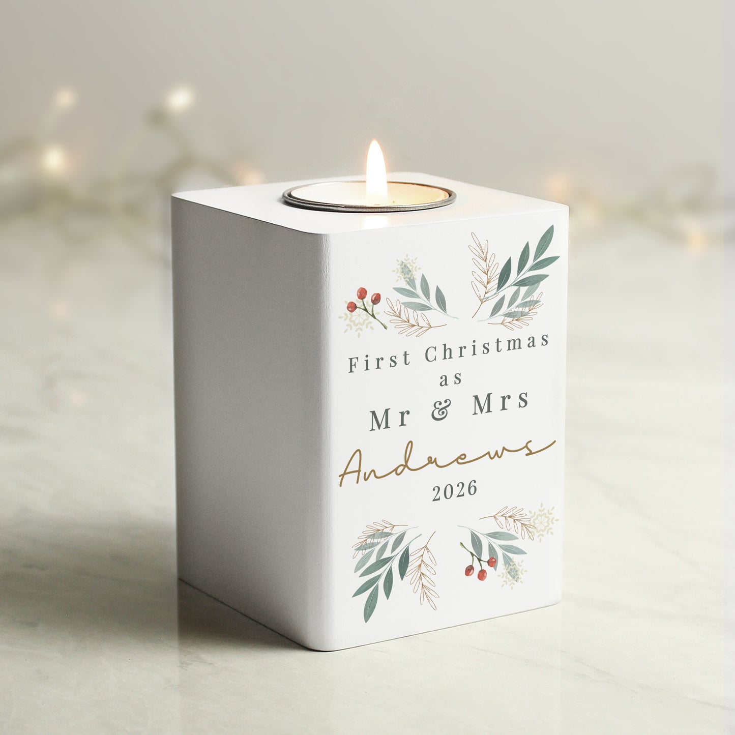 Personalised Christmas Foliage White Tealight Holder from Heartfelt Gifts