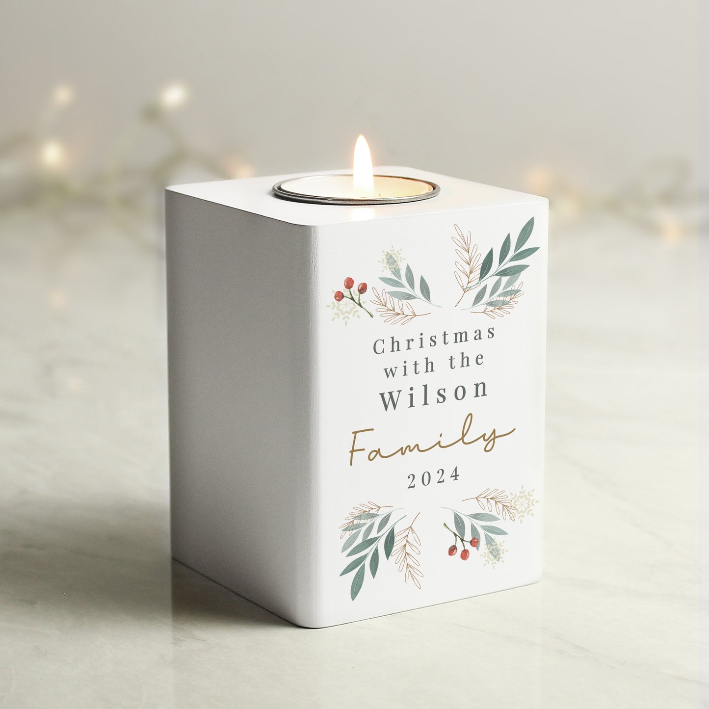 Personalised Christmas Foliage White Tealight Holder - image 3