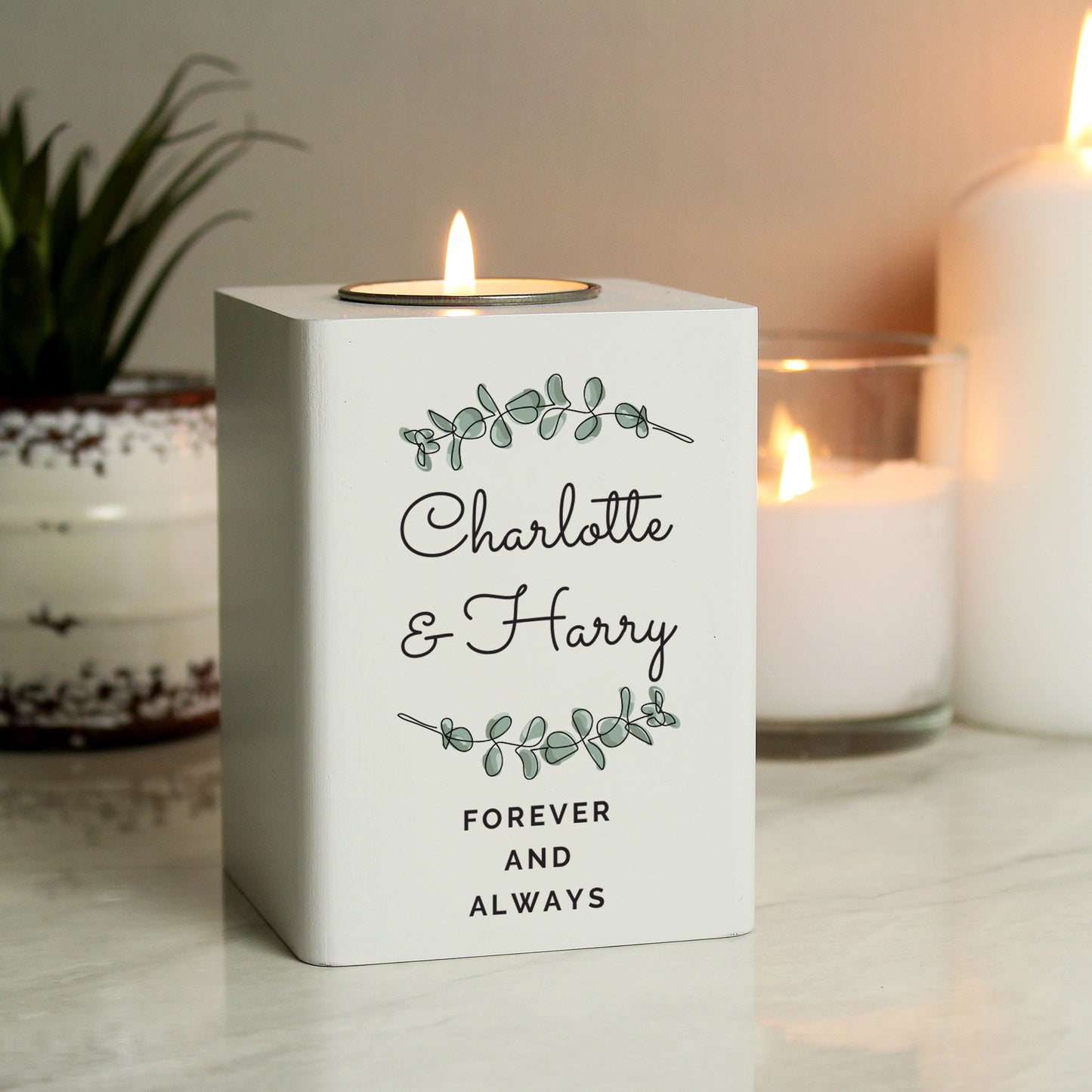 Personalised Botanical White Wooden Tea light Holder from Heartfelt Gifts