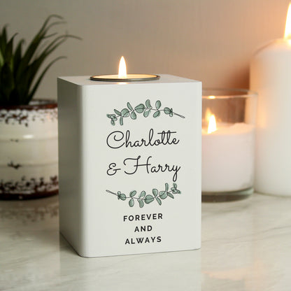 Personalised Botanical White Wooden Tea light Holder from Heartfelt Gifts