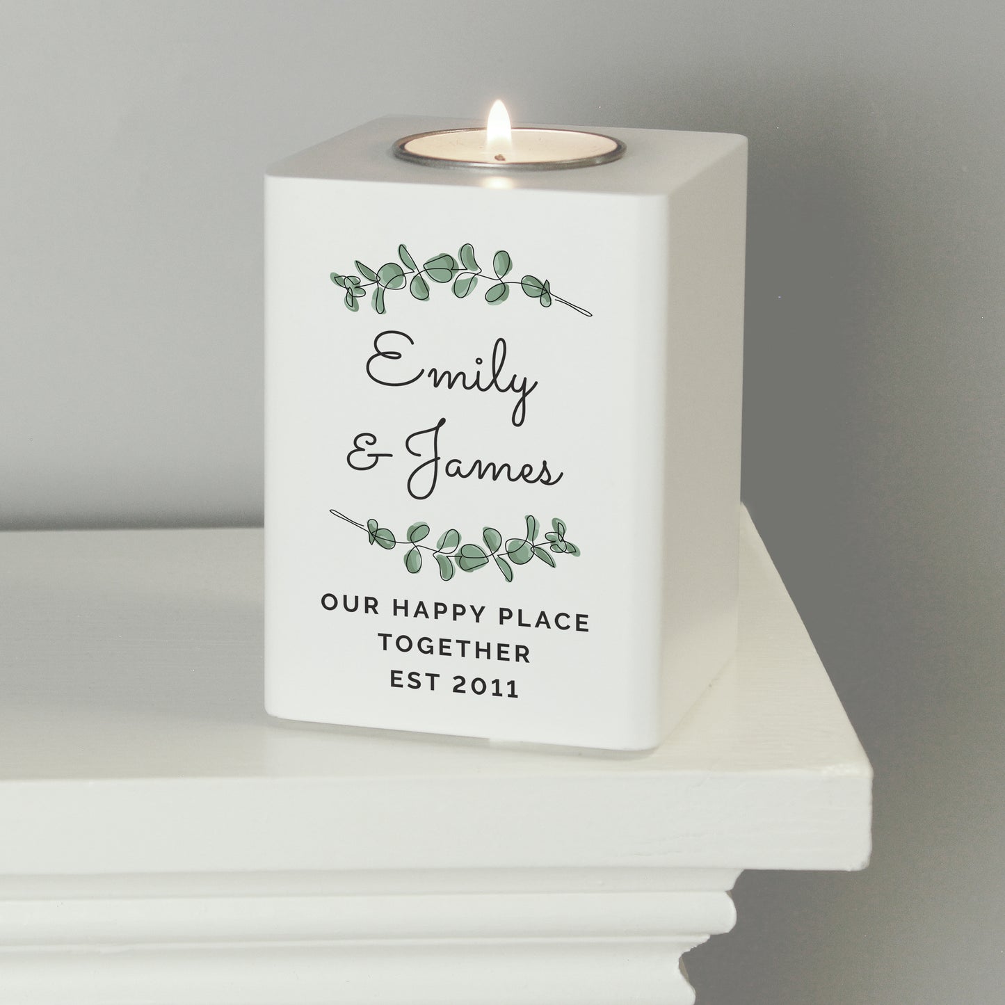 Personalised Botanical White Wooden Tea light Holder - image 2