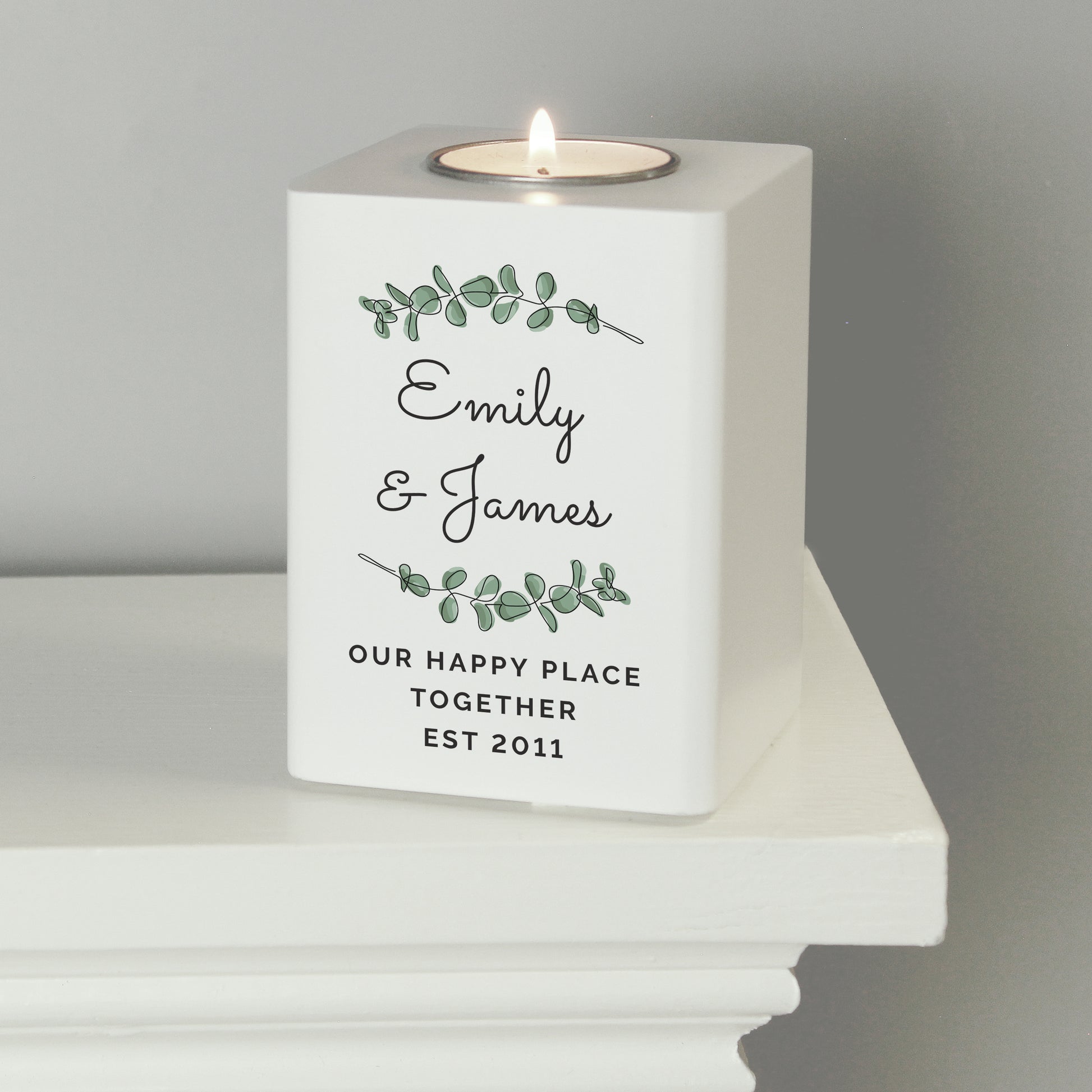 Personalised Botanical White Wooden Tea light Holder - image 2
