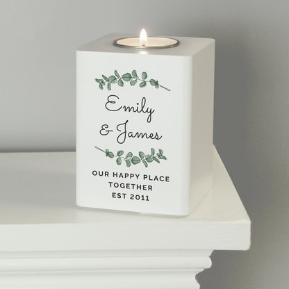 Personalised Botanical White Wooden Tea light Holder - image 2