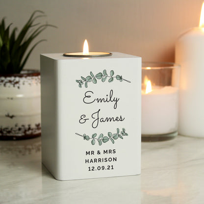 Personalised Botanical White Wooden Tea light Holder - image 3