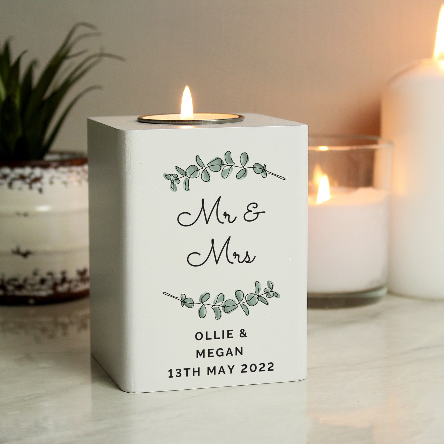 Personalised Botanical White Wooden Tea light Holder - image 4