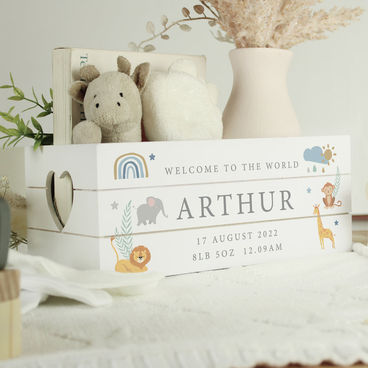 Personalised Safari Animals White Wooden Crate from Heartfelt Gifts