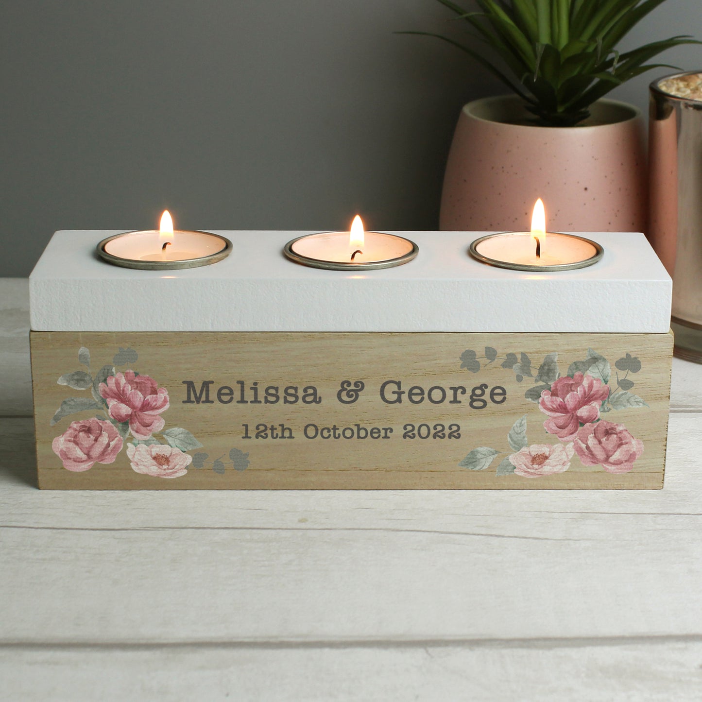 Personalised Floral Watercolour Triple Tealight Box - image 3