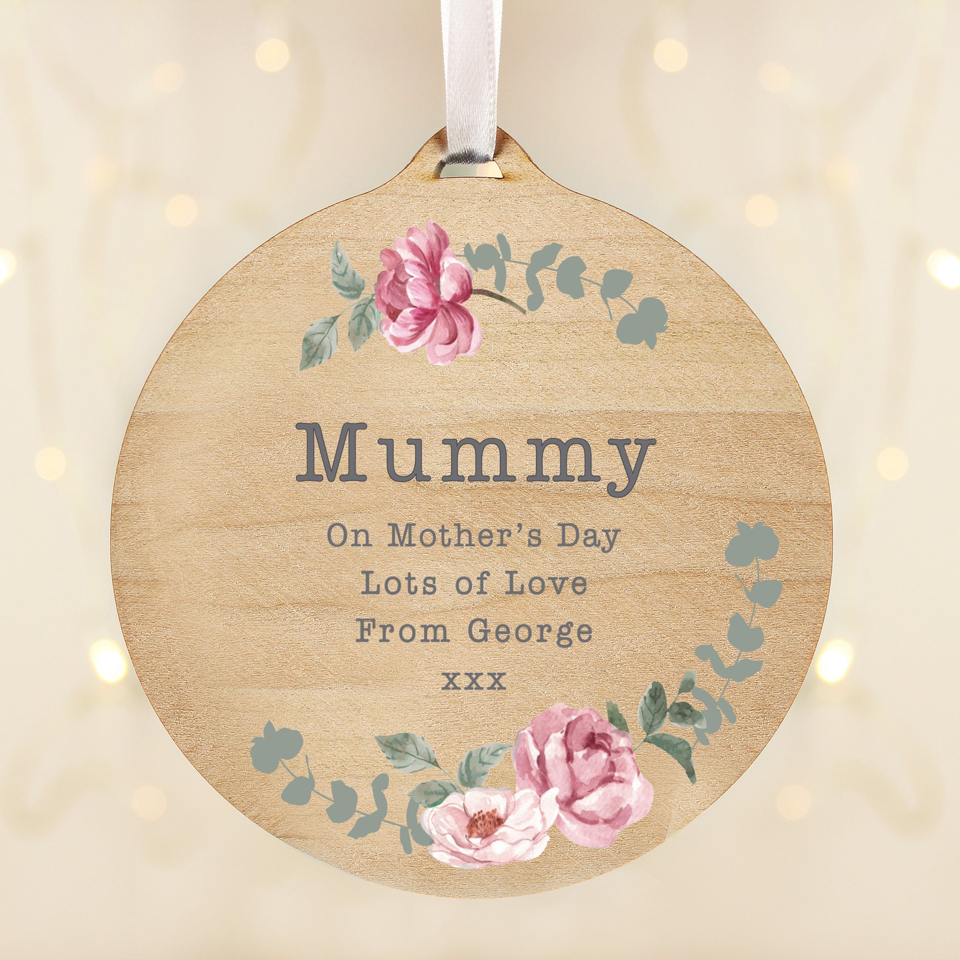 Personalised Floral Watercolour Round Wooden Decoration from Heartfelt Gifts