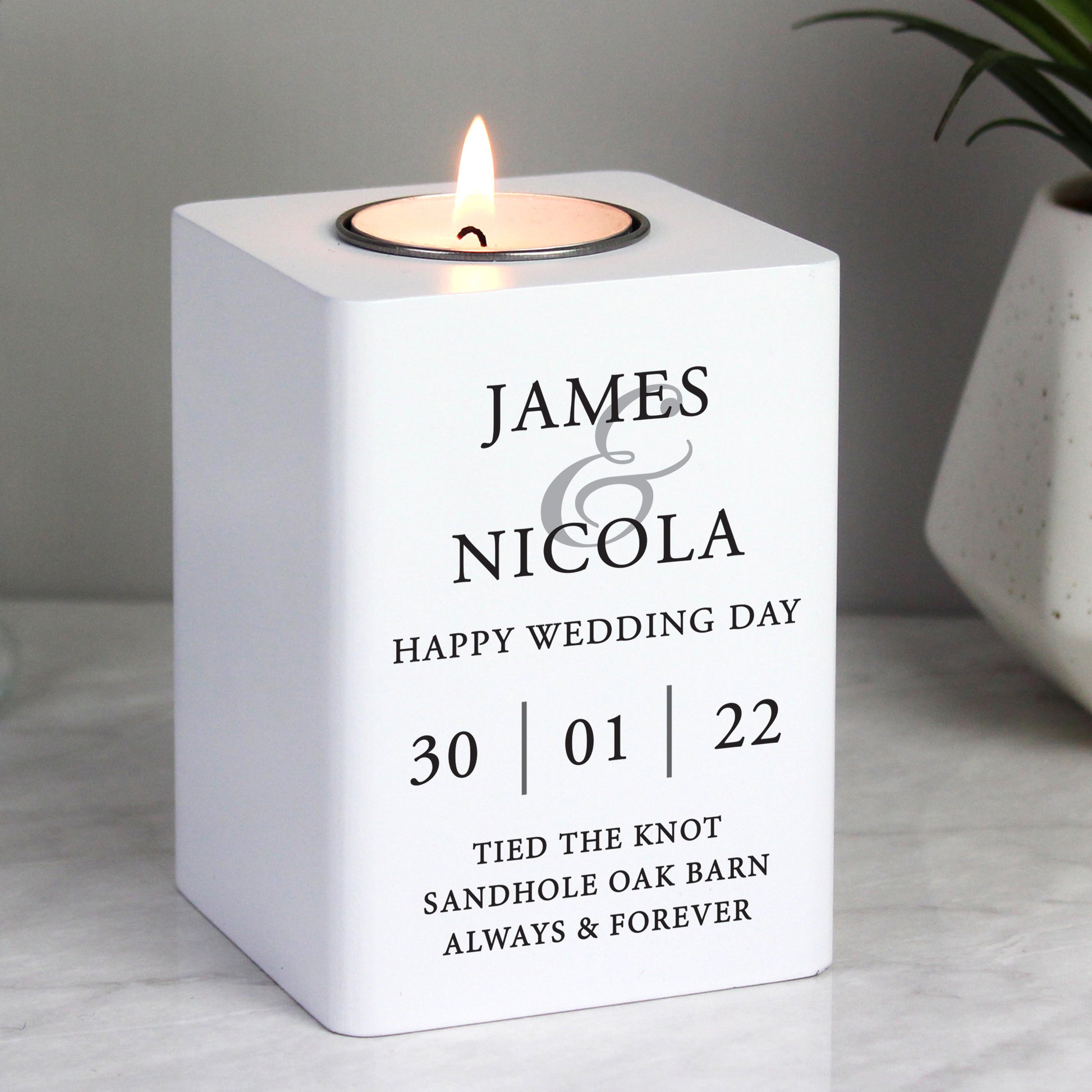 Personalised Couples White Wooden Tea light Holder from Heartfelt Gifts