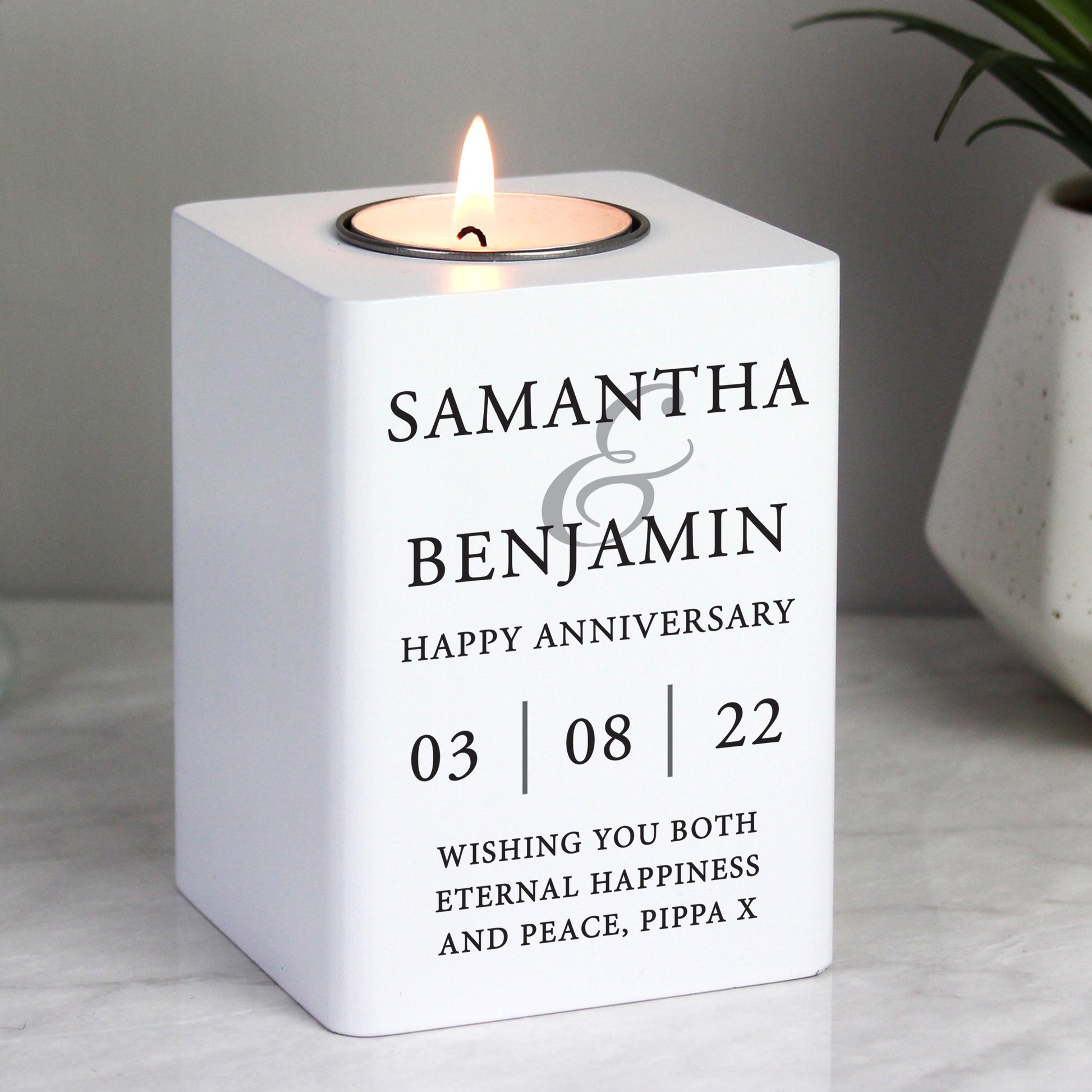 Personalised Couples White Wooden Tea light Holder - image 3