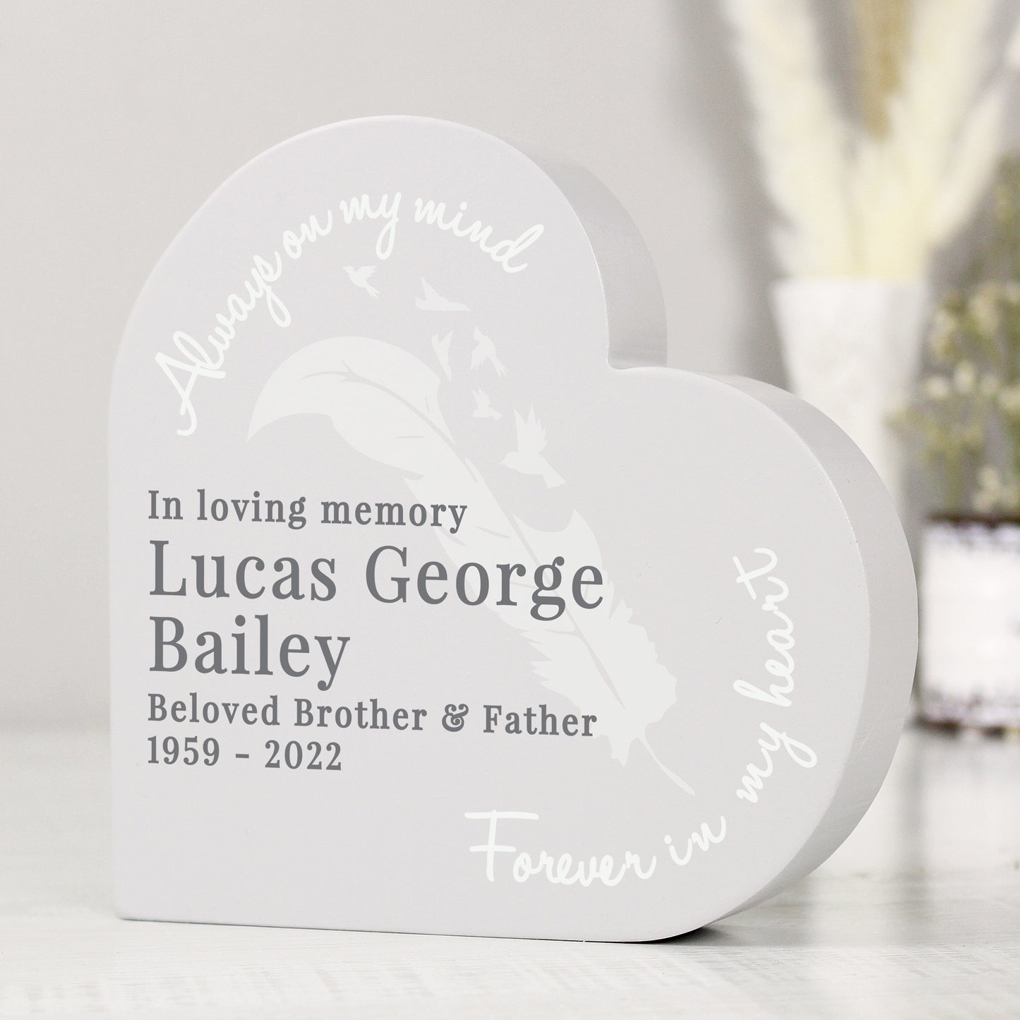 Personalised Feather Free Standing Heart Ornament from Heartfelt Gifts