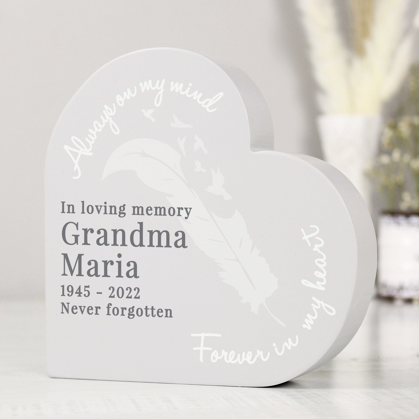 Personalised Feather Free Standing Heart Ornament - image 3