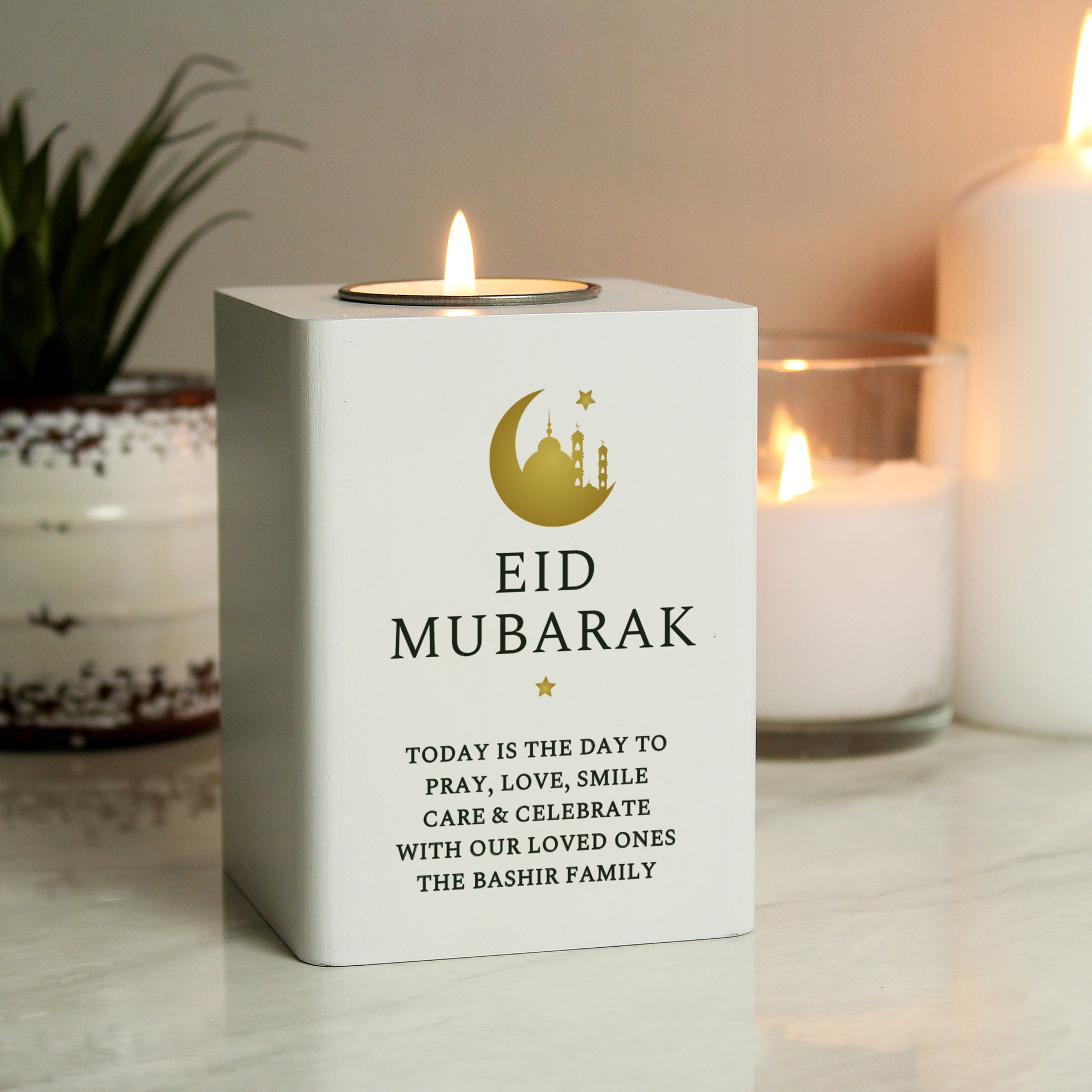 Personalised Eid and Ramadan White Wooden Tea light Holder from Heartfelt Gifts