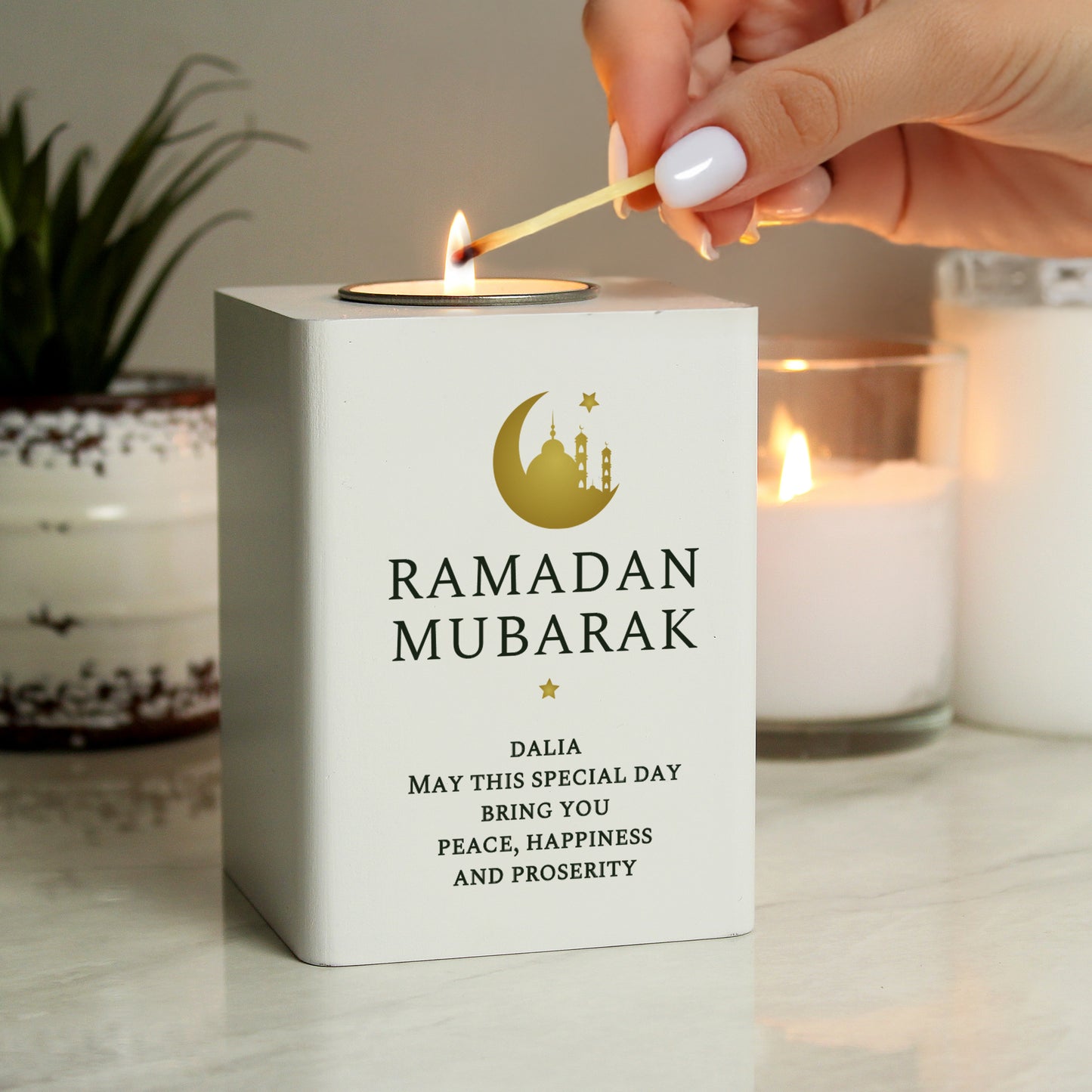 Personalised Eid and Ramadan White Wooden Tea light Holder - image 4