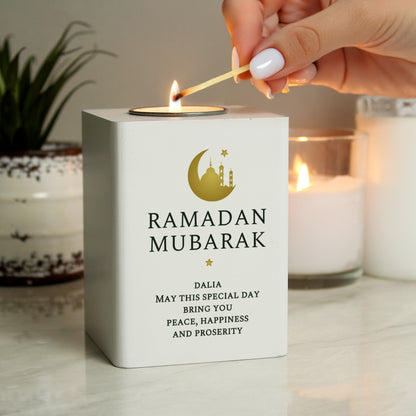 Personalised Eid and Ramadan White Wooden Tea light Holder - image 4