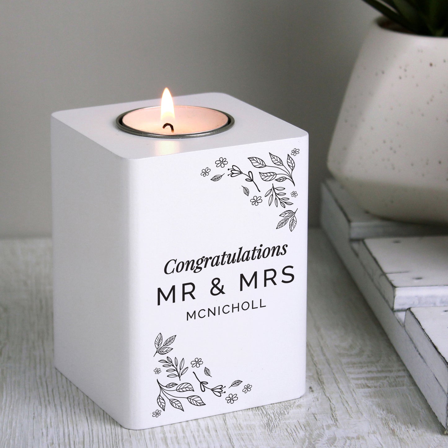 Personalised Floral Leaf White Wooden Tea Light Holder from Heartfelt Gifts