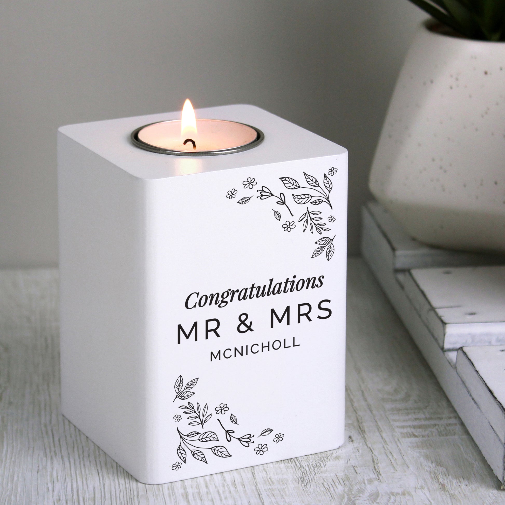 Personalised Floral Leaf White Wooden Tea Light Holder from Heartfelt Gifts