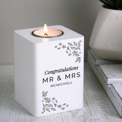 Personalised Floral Leaf White Wooden Tea Light Holder from Heartfelt Gifts