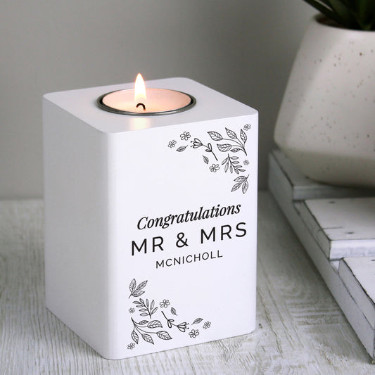 Personalised Floral Leaf White Wooden Tea Light Holder from Heartfelt Gifts