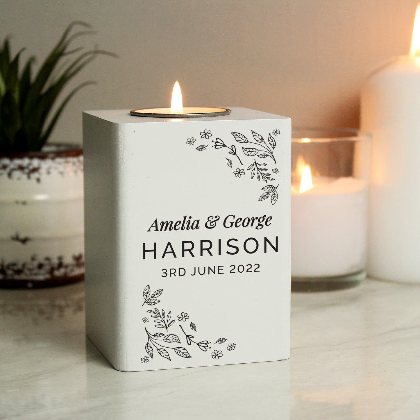 Personalised Floral Leaf White Wooden Tea Light Holder - image 2