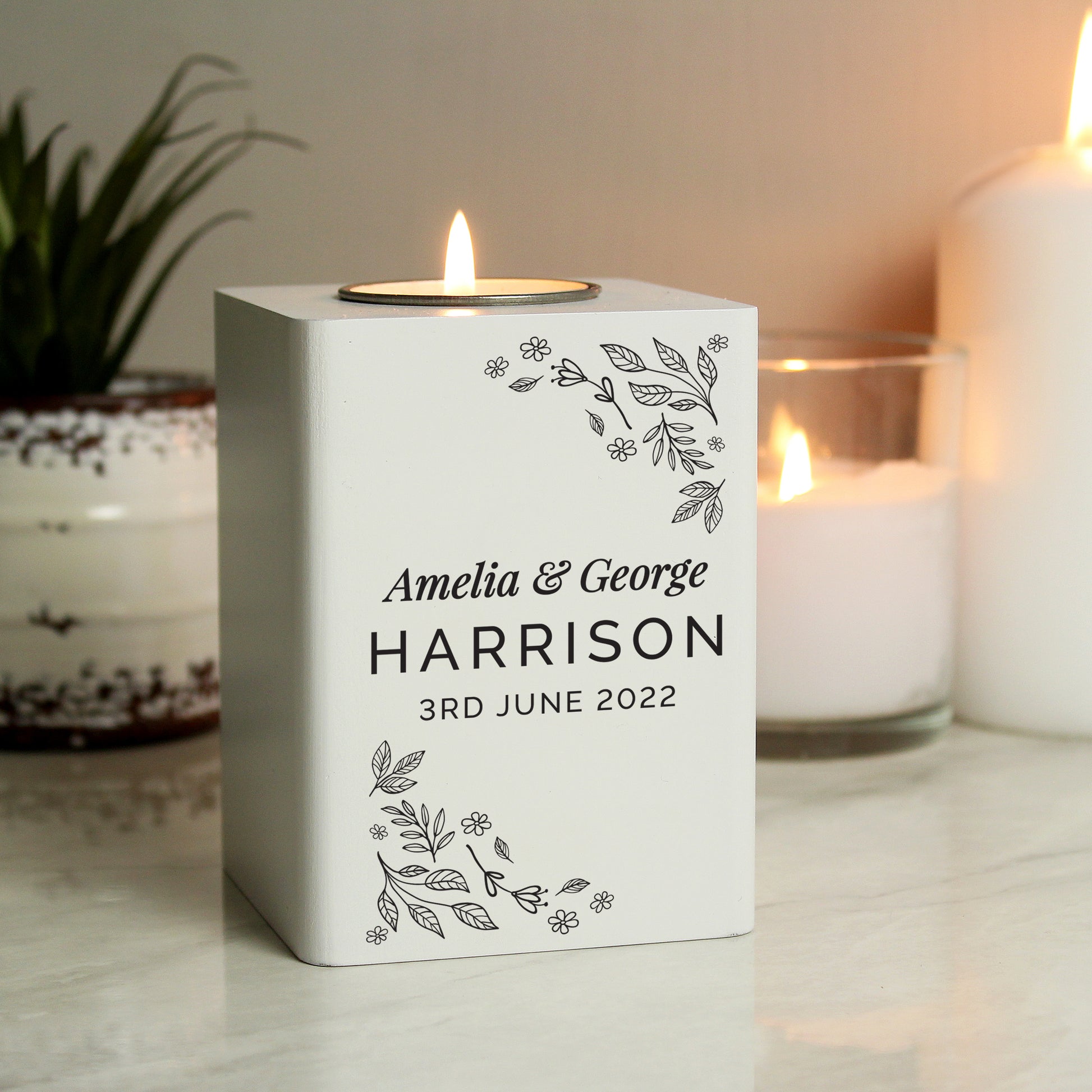 Personalised Floral Leaf White Wooden Tea Light Holder - image 2