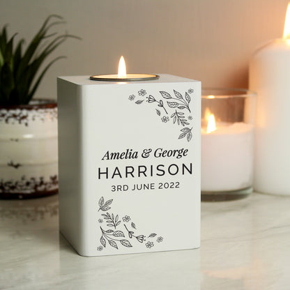 Personalised Floral Leaf White Wooden Tea Light Holder - image 2