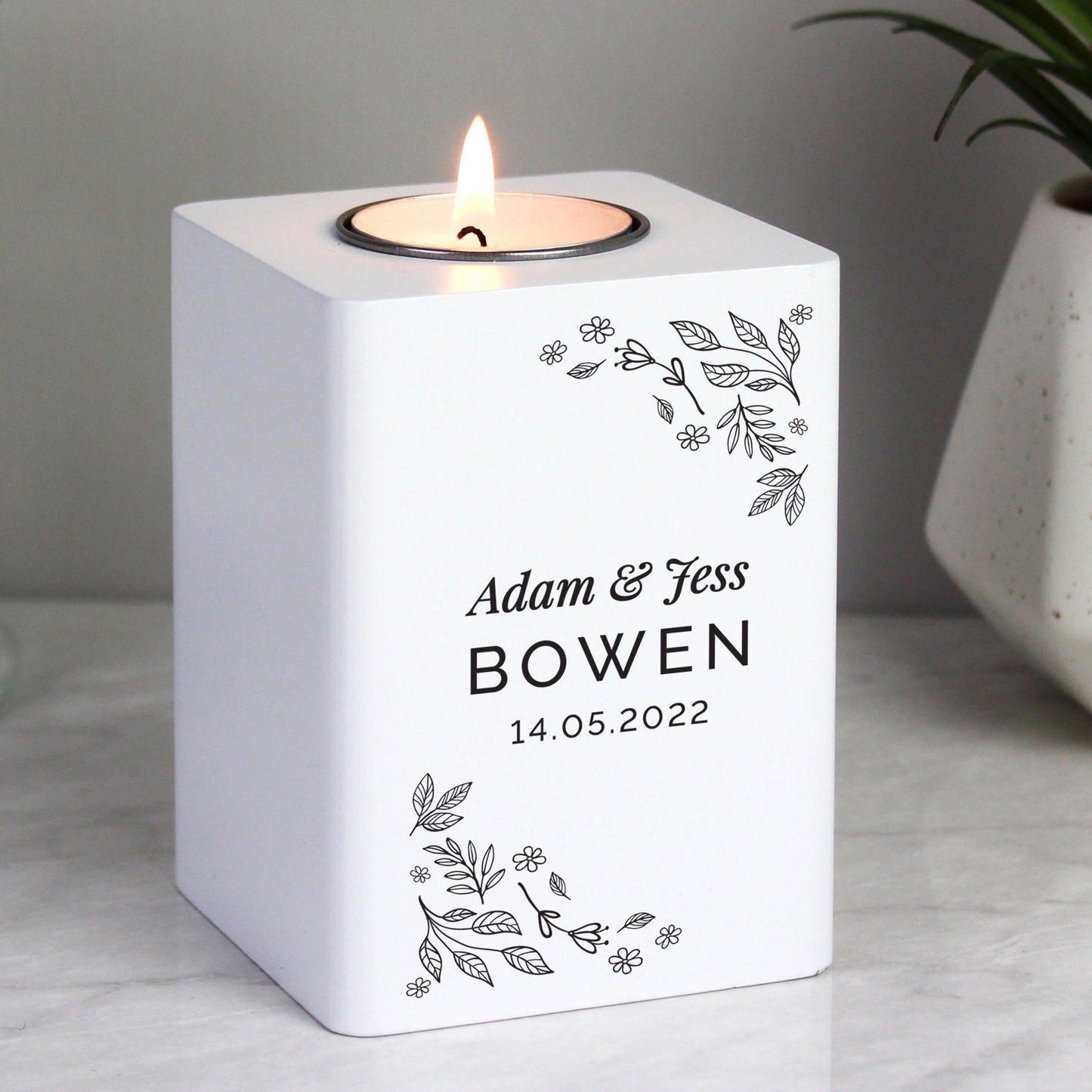 Personalised Floral Leaf White Wooden Tea Light Holder - image 3