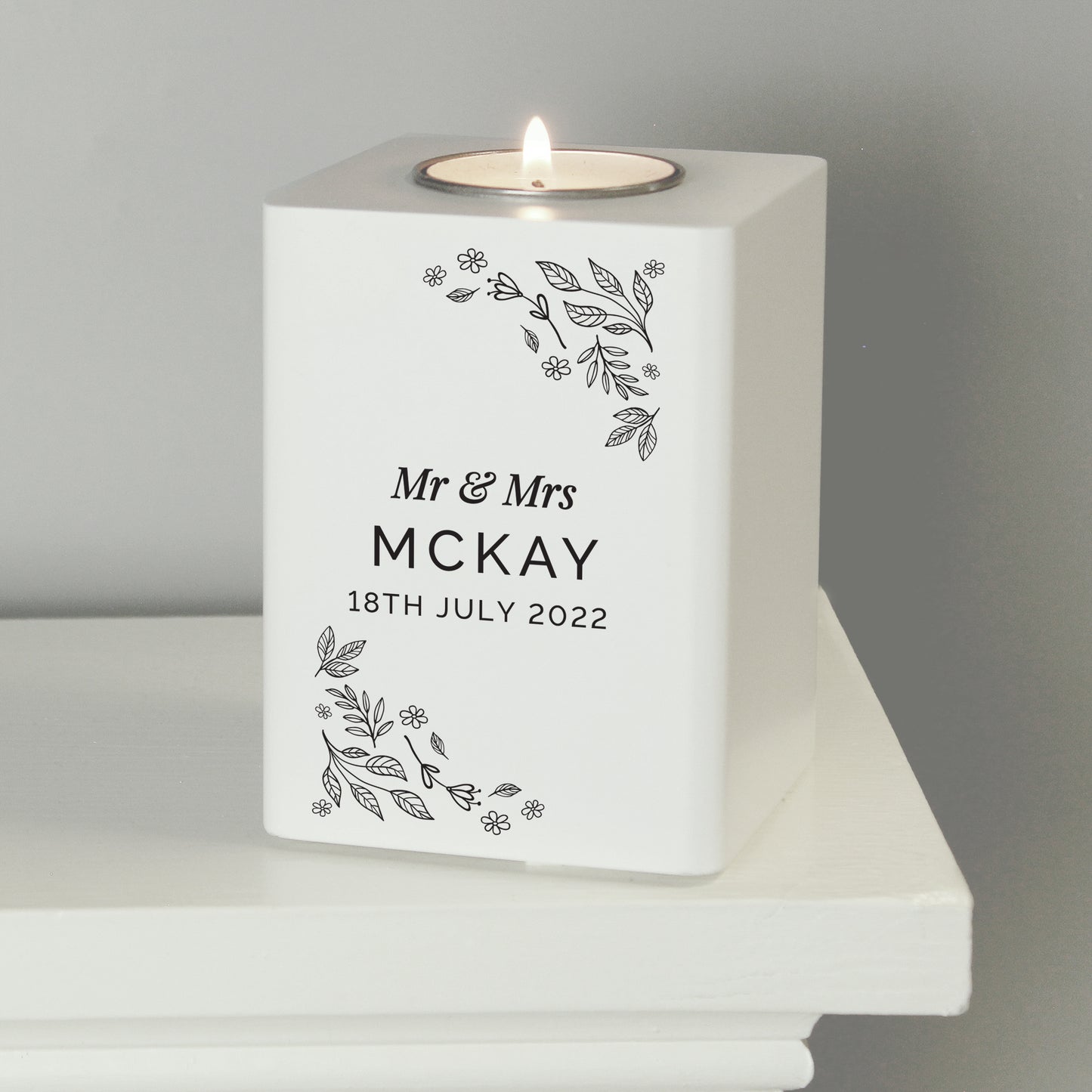Personalised Floral Leaf White Wooden Tea Light Holder - image 4